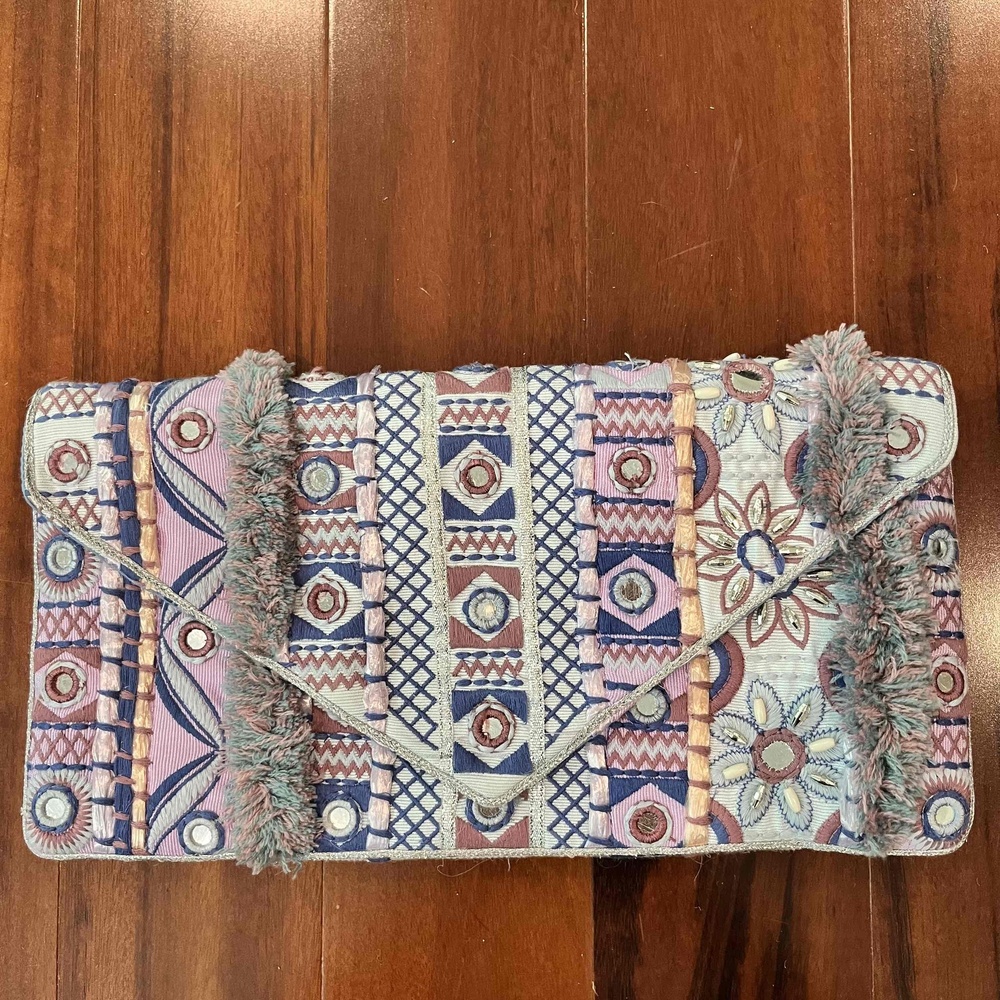 Chicos Multicolor Clutch Embroidered Boho Geometric Patterns Mosaic Print OS